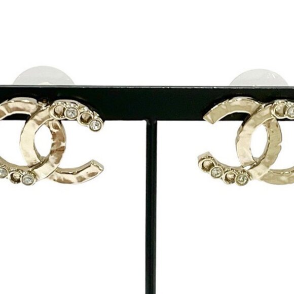 CHANEL CC Logos Rhinestone Stud Earrings Gold Tone A22P Auth w/Box - Picture 4 of 9